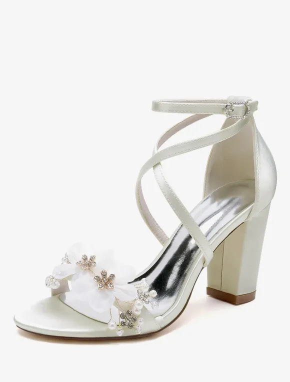 Wedding Shoes Satin White Flowers Open Toe Wedding Sandals