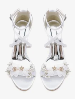 Wedding Shoes Satin White Flowers Open Toe Wedding Sandals