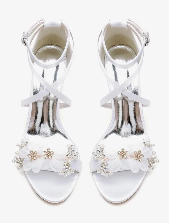 Wedding Shoes Satin White Flowers Open Toe Wedding Sandals