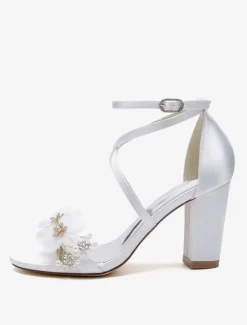 Wedding Shoes Satin White Flowers Open Toe Wedding Sandals