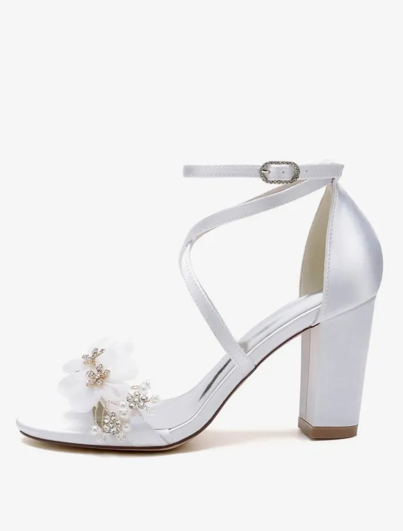 Wedding Shoes Satin White Flowers Open Toe Wedding Sandals