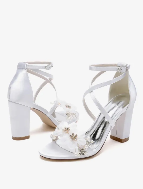 Wedding Shoes Satin White Flowers Open Toe Wedding Sandals