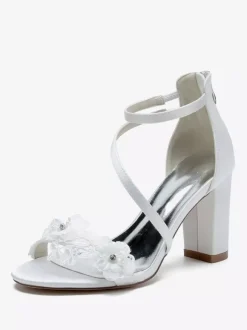 Wedding Shoes Satin White Embroidered Open Toe Wedding Sandals