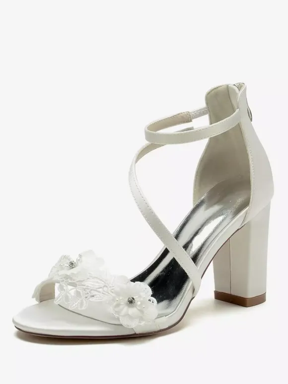 Wedding Shoes Satin White Embroidered Open Toe Wedding Sandals