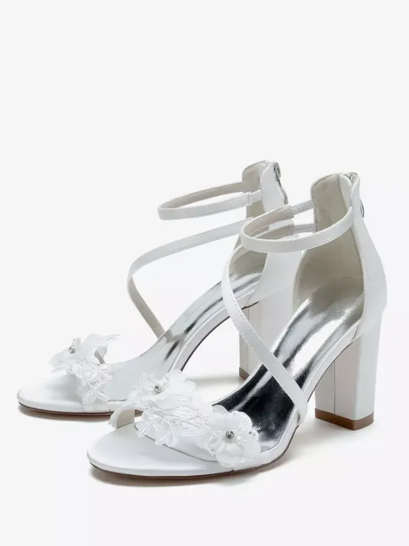 Wedding Shoes Satin White Embroidered Open Toe Wedding Sandals