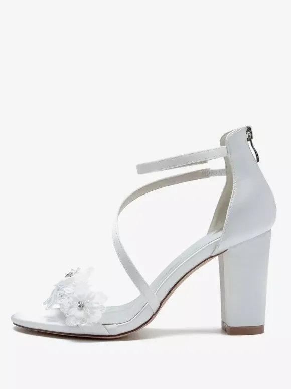 Wedding Shoes Satin White Embroidered Open Toe Wedding Sandals