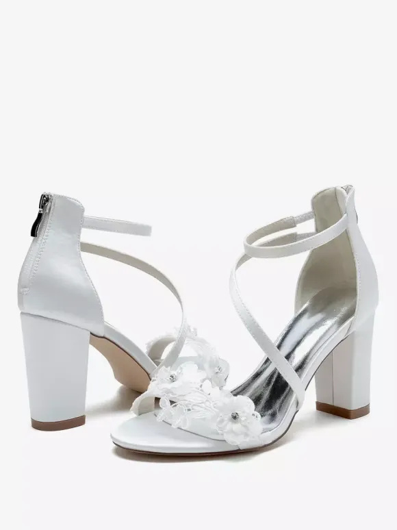 Wedding Shoes Satin White Embroidered Open Toe Wedding Sandals