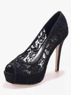 Wedding Shoes White Lace Peep Toe Stiletto Heel Platform Bridal Shoes