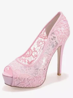 Wedding Shoes White Lace Peep Toe Stiletto Heel Platform Bridal Shoes