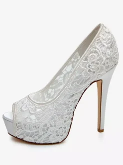 Wedding Shoes White Lace Peep Toe Stiletto Heel Platform Bridal Shoes