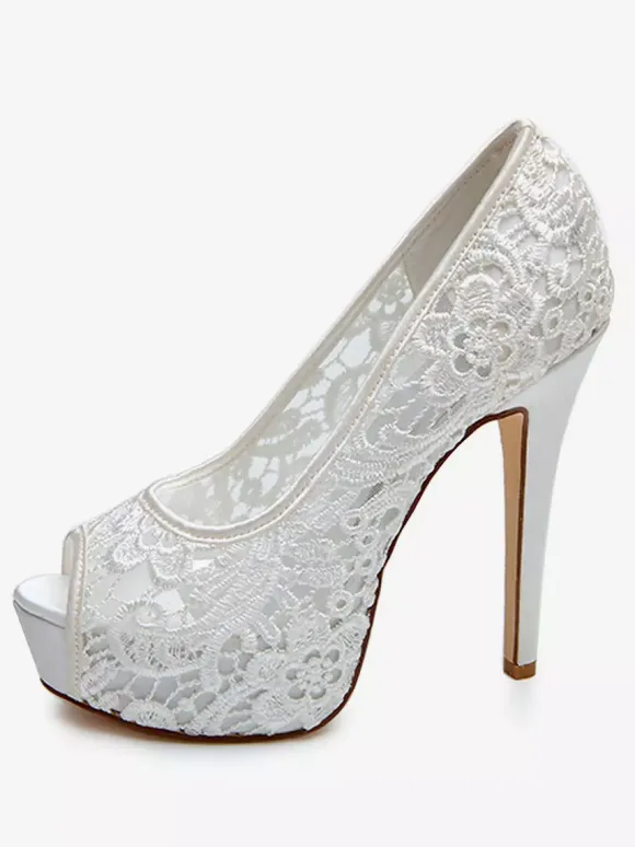 Wedding Shoes White Lace Peep Toe Stiletto Heel Platform Bridal Shoes