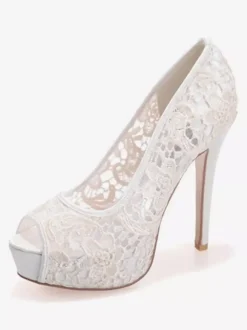 Wedding Shoes White Lace Peep Toe Stiletto Heel Platform Bridal Shoes