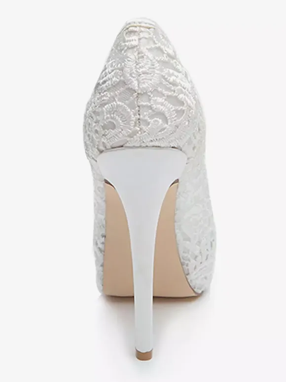 Wedding Shoes White Lace Peep Toe Stiletto Heel Platform Bridal Shoes