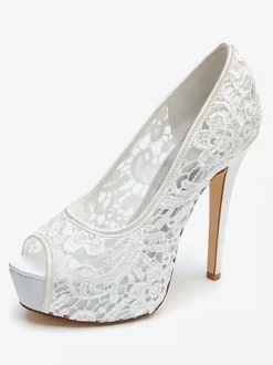 Wedding Shoes White Lace Peep Toe Stiletto Heel Platform Bridal Shoes