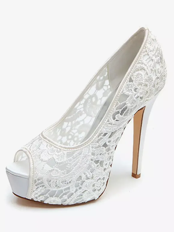 Wedding Shoes White Lace Peep Toe Stiletto Heel Platform Bridal Shoes