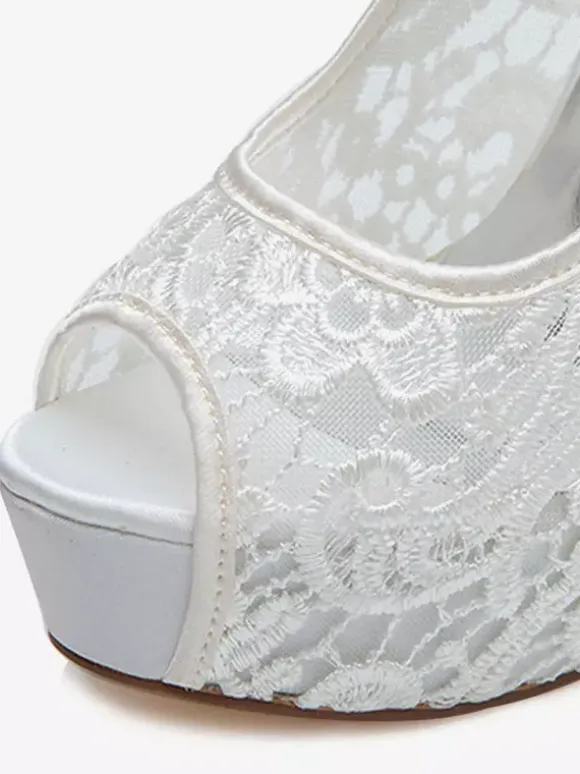 Wedding Shoes White Lace Peep Toe Stiletto Heel Platform Bridal Shoes