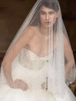 Wedding Veil One-Tier Sequins Net Pearl Trim Edge Classic Bridal Veils