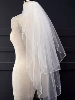 Wedding Veil Two-Tier Ruffles Net Cut Edge Classic Bridal Veil