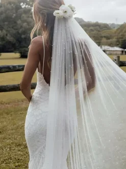 Wedding Veils One-Tier Pearls Lace Classic Bridal Veils