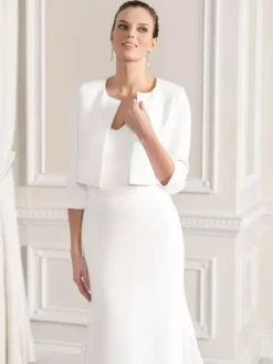 Wedding Wrap Ivory 3/4 Length Sleeves Jewel Neck Tops Stretch Crepe Bridal Cover Ups
