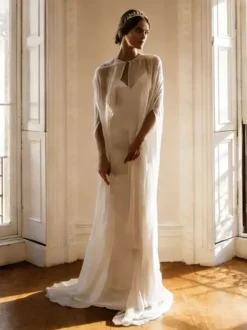 Wedding Wrap Ivory Designed Neckline Slit Sleeve Shawls Chiffon Bridal Cover Ups