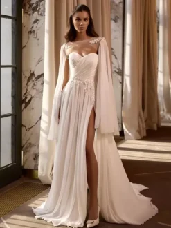 Wedding Wrap Ivory Long Sleeves Illusion Neckline Slit Sleeve Shawls Chiffon Lace Bridal Cover Up