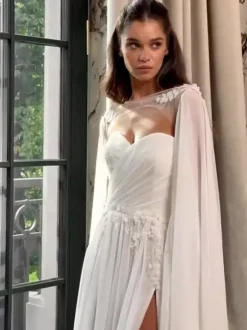 Wedding Wrap Ivory Long Sleeves Illusion Neckline Slit Sleeve Shawls Chiffon Lace Bridal Cover Up
