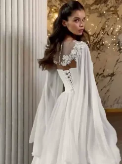 Wedding Wrap Ivory Long Sleeves Illusion Neckline Slit Sleeve Shawls Chiffon Lace Bridal Cover Up