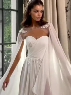 Wedding Wrap Ivory Long Sleeves Illusion Neckline Slit Sleeve Shawls Chiffon Lace Bridal Cover Up