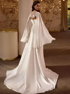 Wedding Wrap Ivory Long Sleeves Illusion Neckline Slit Sleeve Shawls Chiffon Lace Bridal Cover Up