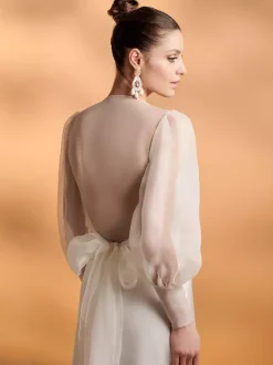 Wedding Wrap Ivory Long Sleeves V-Neck Puff Sleeves Shawls Organza Bridal Cover Up