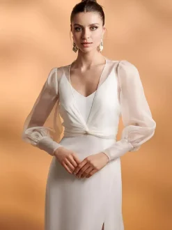 Wedding Wrap Ivory Long Sleeves V-Neck Puff Sleeves Shawls Organza Bridal Cover Up