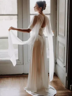 Wedding Wrap White Half Sleeves Jewel Neck Cap Sleeves Shawls Chiffon Buttons Bridal Cover Ups