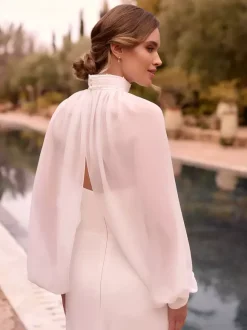 Wedding Wraps Ivory Long Sleeves High Collar Lantern Sleeve Chiffon Pleated Buttons Pearls Bridal Cover Up