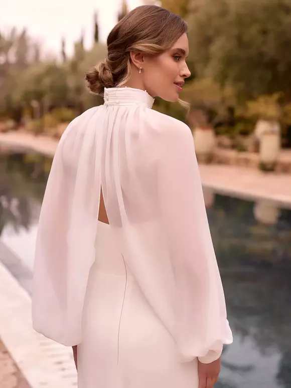 Wedding Wraps Ivory Long Sleeves High Collar Lantern Sleeve Chiffon Pleated Buttons Pearls Bridal Cover Up