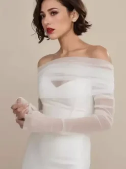 Wedding Wraps Ivory Long Sleeves Bateau Neck Shawls Tulle Buttons Bridal Cover Ups