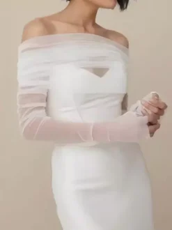 Wedding Wraps Ivory Long Sleeves Bateau Neck Shawls Tulle Buttons Bridal Cover Ups