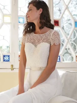 Wedding Wraps Ivory Short Sleeves Jewel Neck Tops Lace Bridal Cover Up
