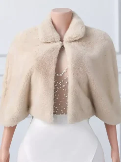 Wedding Wraps Khaki Half Sleeves Turndown Collar Tops Mink Fur Bridal Cover Up