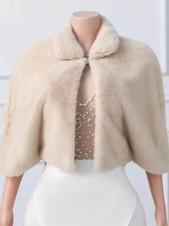 Wedding Wraps Khaki Half Sleeves Turndown Collar Tops Mink Fur Bridal Cover Up