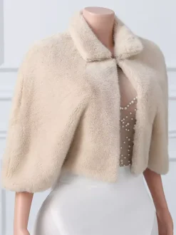 Wedding Wraps Khaki Half Sleeves Turndown Collar Tops Mink Fur Bridal Cover Up