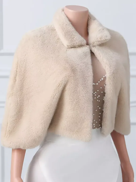 Wedding Wraps Khaki Half Sleeves Turndown Collar Tops Mink Fur Bridal Cover Up