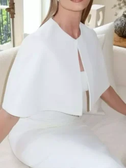 Wedding Wraps White Half Sleeves Jewel Neck Cap Sleeves Cloaks Stretch Crepe Buttons Bridal Cover Ups