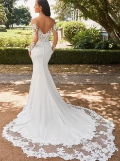 Wedding Bridal Gowns V-Neck Long Sleeves Natural Waist Lace Court Train Bridal Gowns