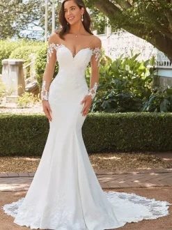Wedding Bridal Gowns V-Neck Long Sleeves Natural Waist Lace Court Train Bridal Gowns
