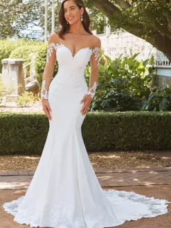 Wedding Bridal Gowns V-Neck Long Sleeves Natural Waist Lace Court Train Bridal Gowns