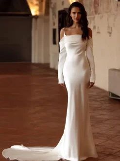 Wedding Dress Designed Neckline Long Sleeves Pleated With Train Bridal Gowns