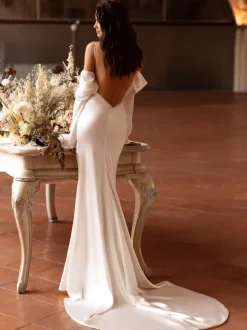 Wedding Dress Designed Neckline Long Sleeves Pleated With Train Bridal Gowns