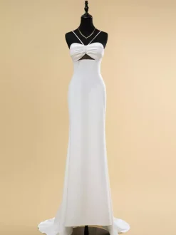 Wedding Dress Designed Neckline Sleeveless Natural Waist Pleated With Train Bridal Mermaid Dress