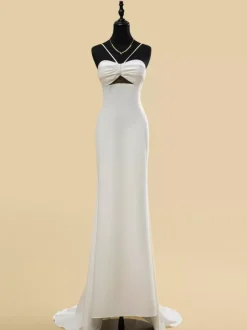 Wedding Dress Designed Neckline Sleeveless Natural Waist Pleated With Train Bridal Mermaid Dress